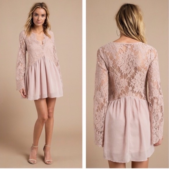 Tobi Dresses & Skirts - TOBI Blush Pink Nude Lace Scallop Plunge Chiffon Mini Dress Bell Sleeve …